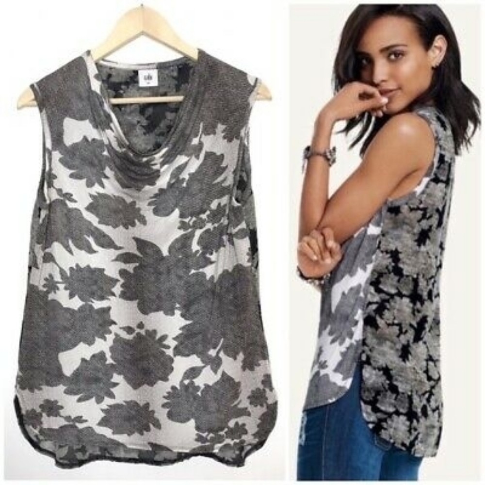 CAbi Tango Waterfall Gray & Black Cowl Tank Top
